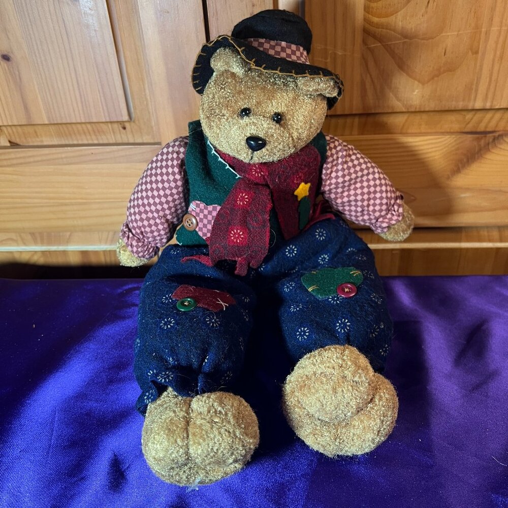 VTG Rare 📌 Stuffed Bear w/ Sand Bottom Patches Buttons Hat Vest Stitched